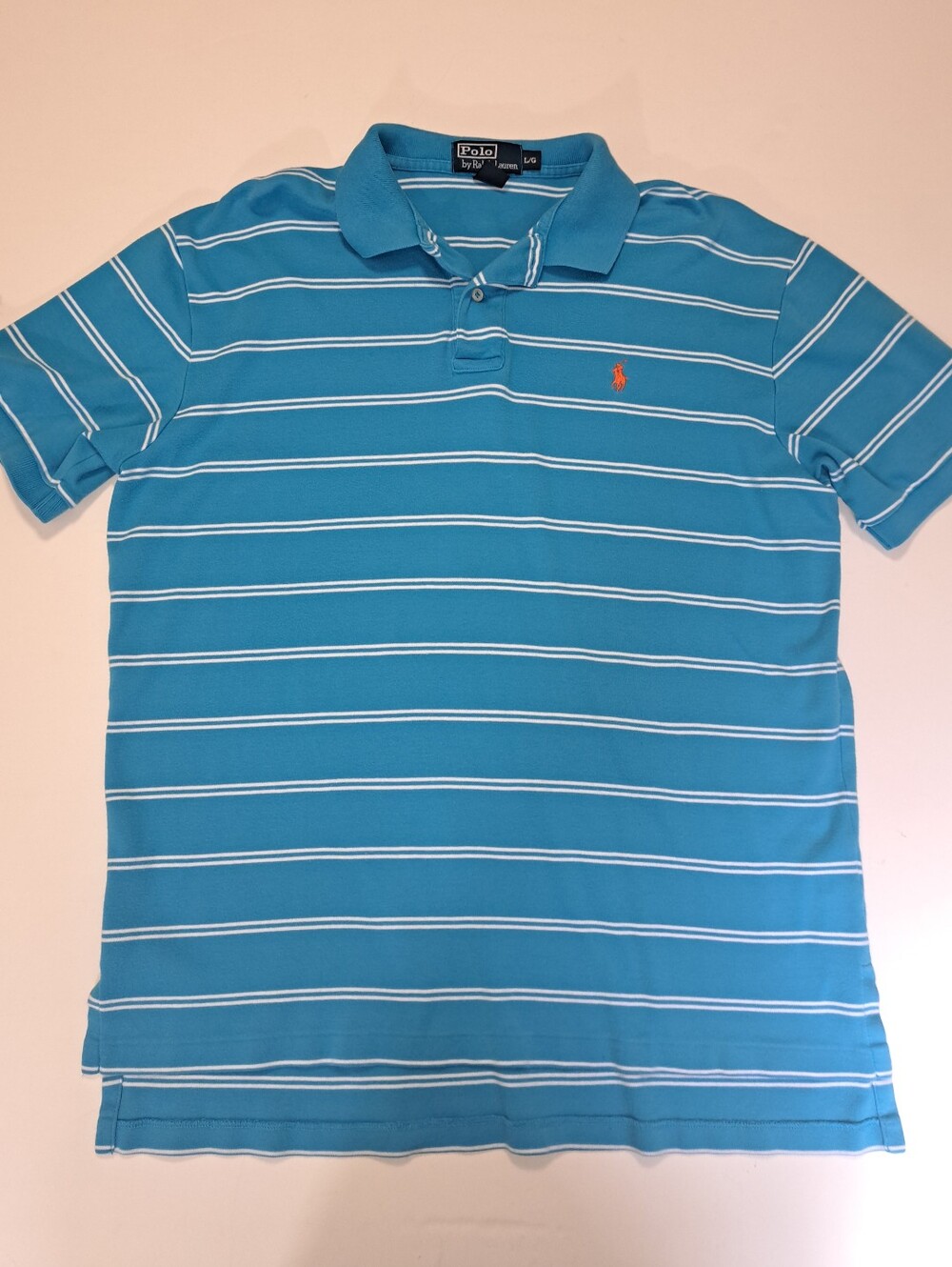 Ralph Lauren Turquoise and White Striped Polo with Orange Pony